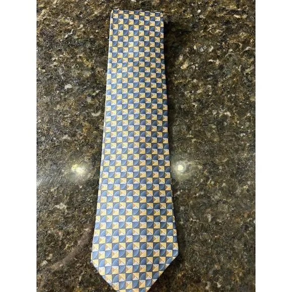 *3/$15 Van Heusen Men's Silk Tie Blue Tan Geometric Stain-Resistant - Picture 2 of 6